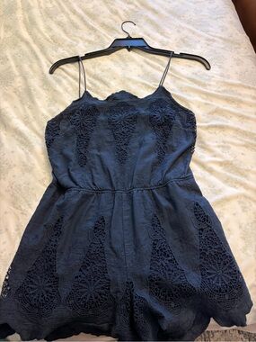 Blu Pepper Navy Blue Crochet Spaghetti-Strap One-Piece Romper